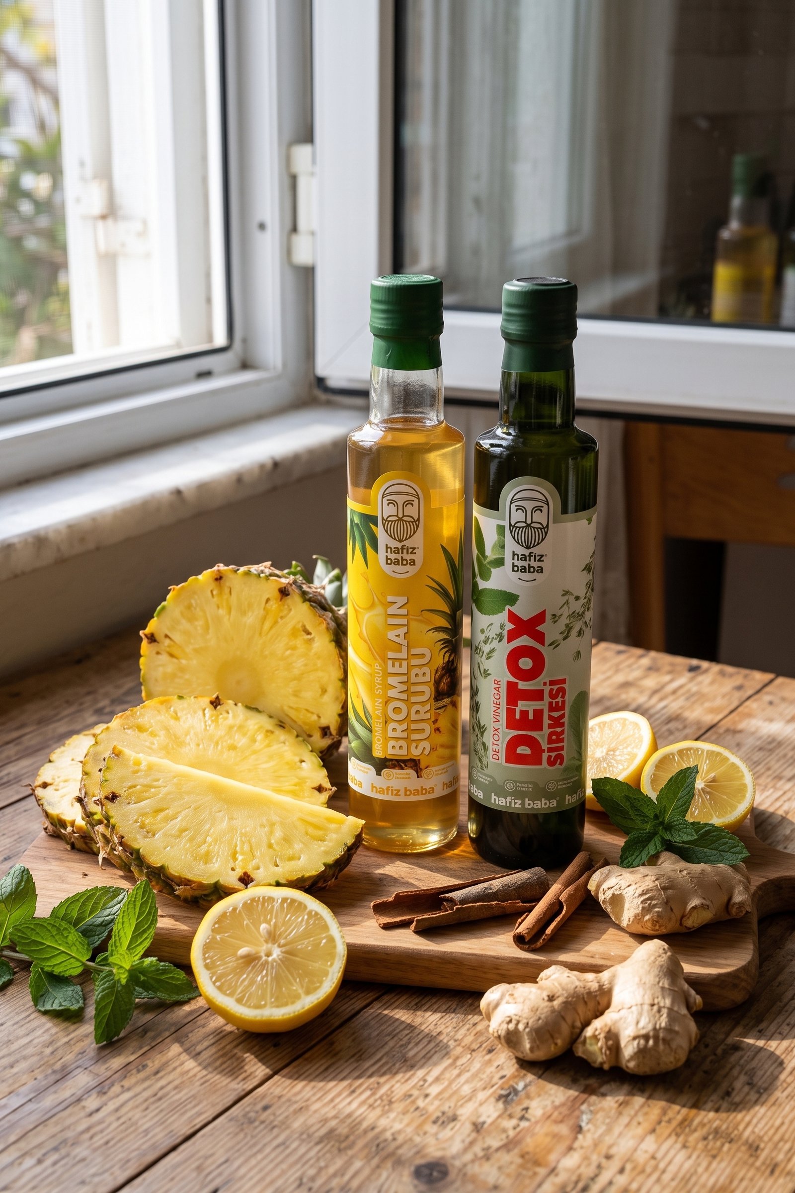 Ahşap tezgâhta Hafızbaba Bromelain Şurubu ve Detox Sirkesi yanında ananas dilimleri, limon, taze zencefil ve tarçın.