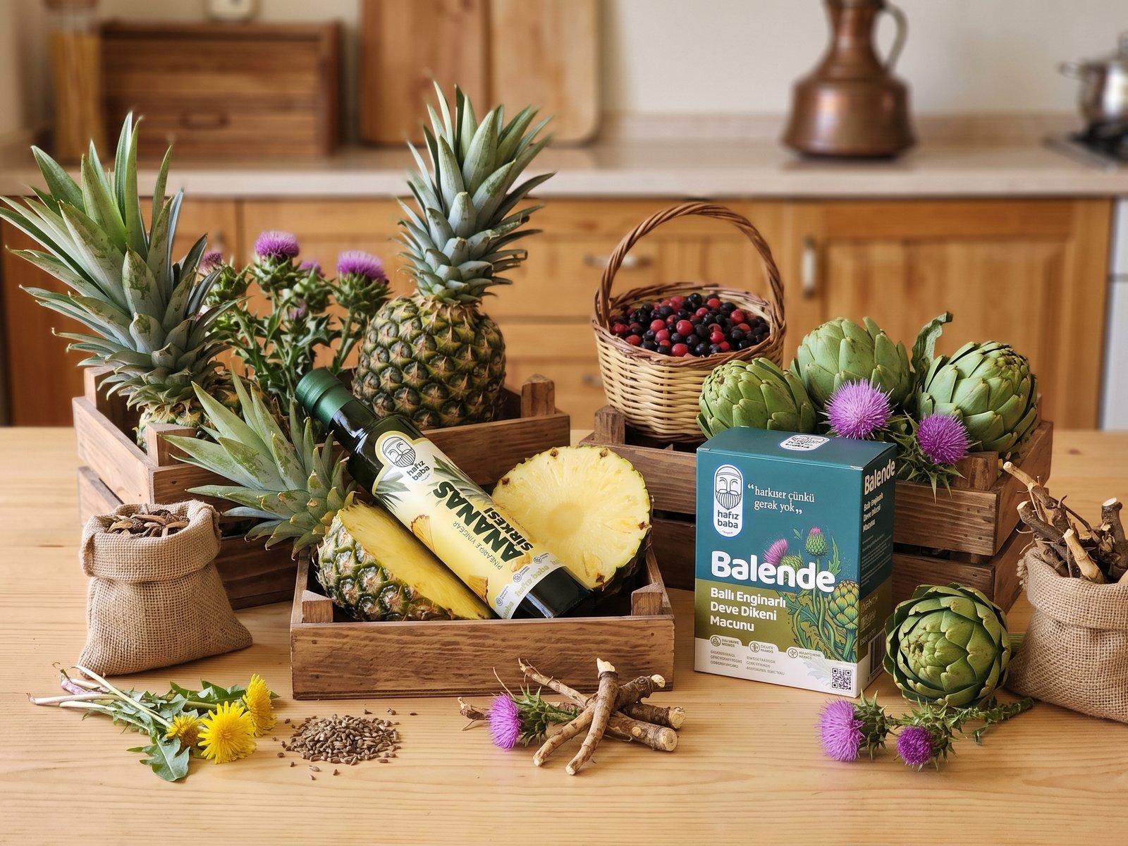 Ahşap masada Hafızbaba Ananas Sirkesi, Balende kutusu, taze ananas dilimleri, enginar ve deve dikeni çiçekleri.
