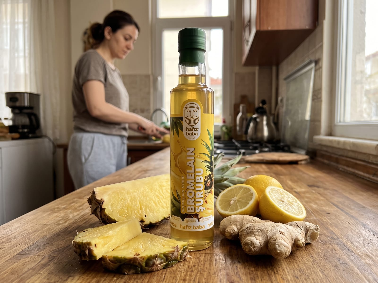 Mutfak tezgahında Hafızbaba bromelain şurubu şişesi, kesilmiş ananas dilimleri, limon ve taze zencefil