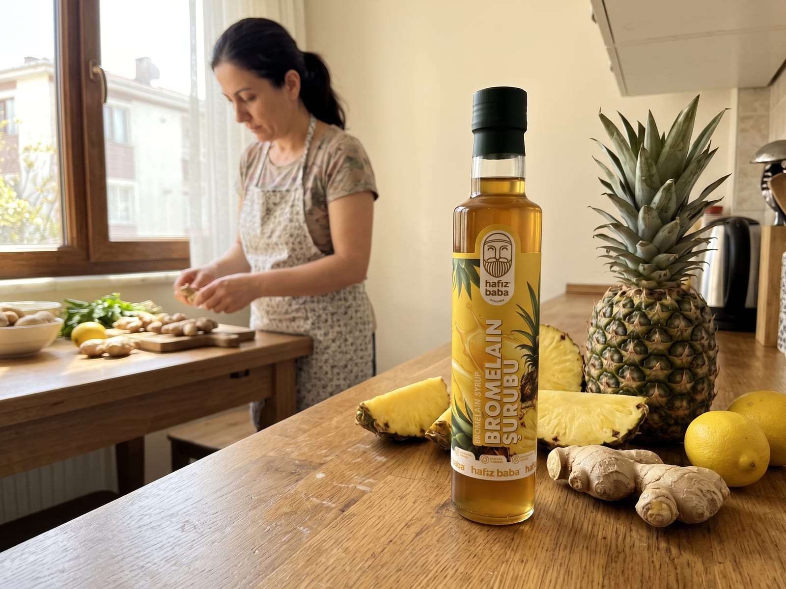 Mutfak tezgahında Hafızbaba Bromelain Şurubu şişesi, yanında taze ananas, dilimler, zencefil ve limon.