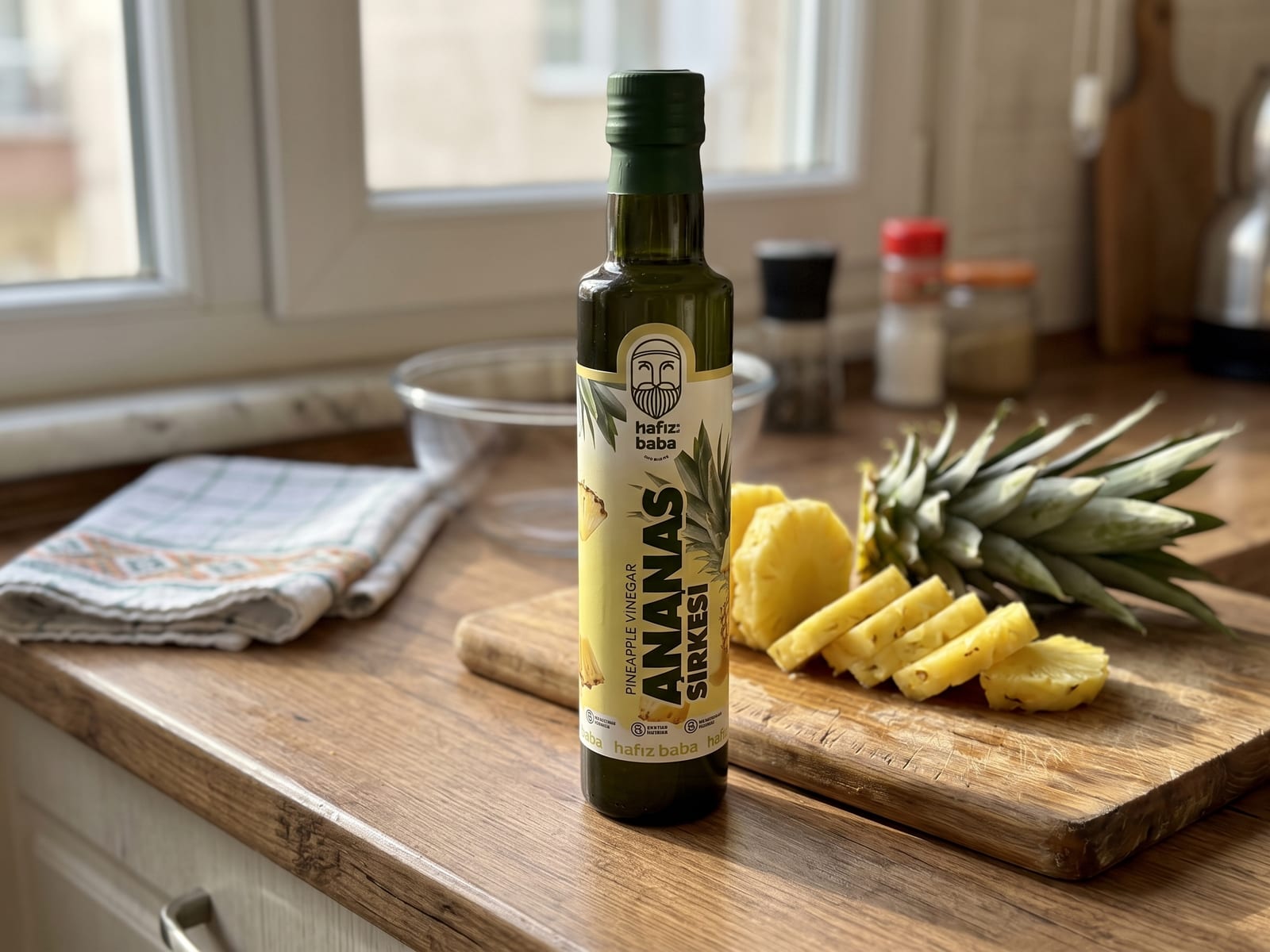 Mutfak tezgahında ahşap tahta ve taze ananas dilimleri yanında duran cam şişede Hafızbaba Doğal Ananas Sirkesi.