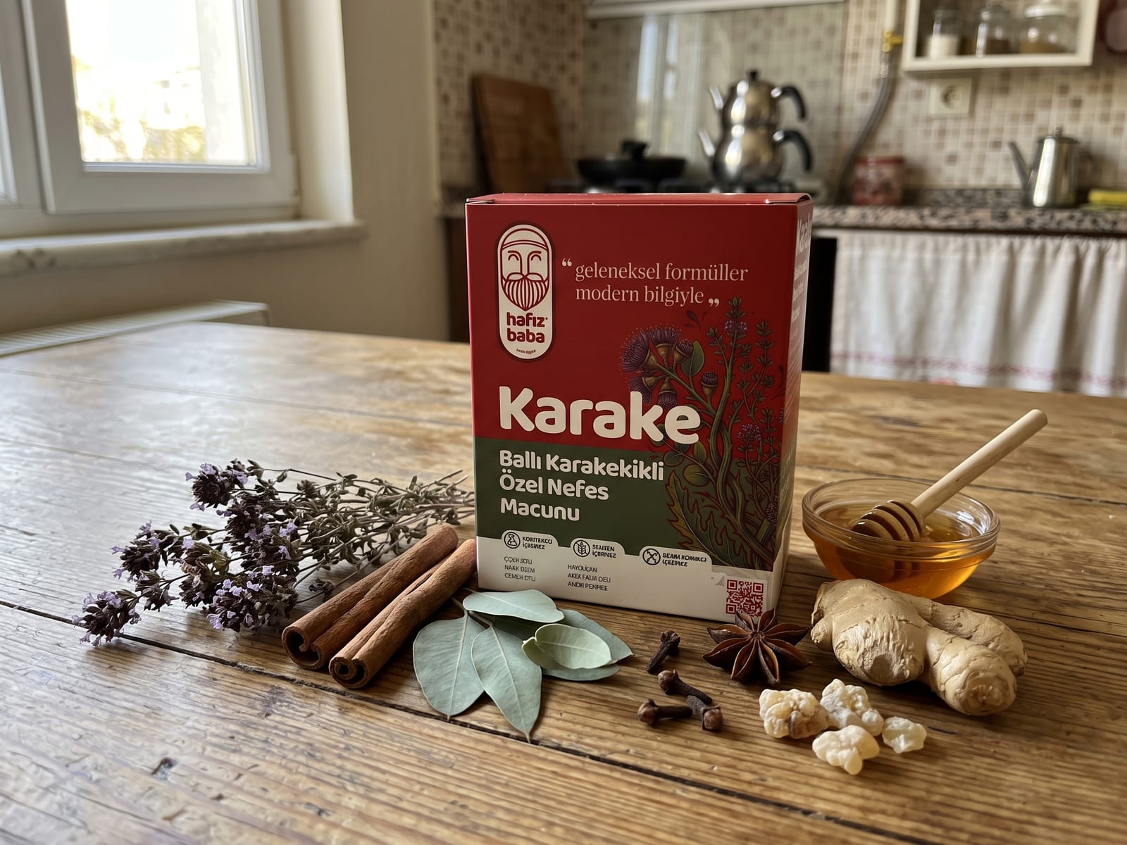 Ahşap masada Hafızbaba Karake kutusu, yanında karakekik, çubuk tarçın, zencefil, karanfil ve süzme bal.