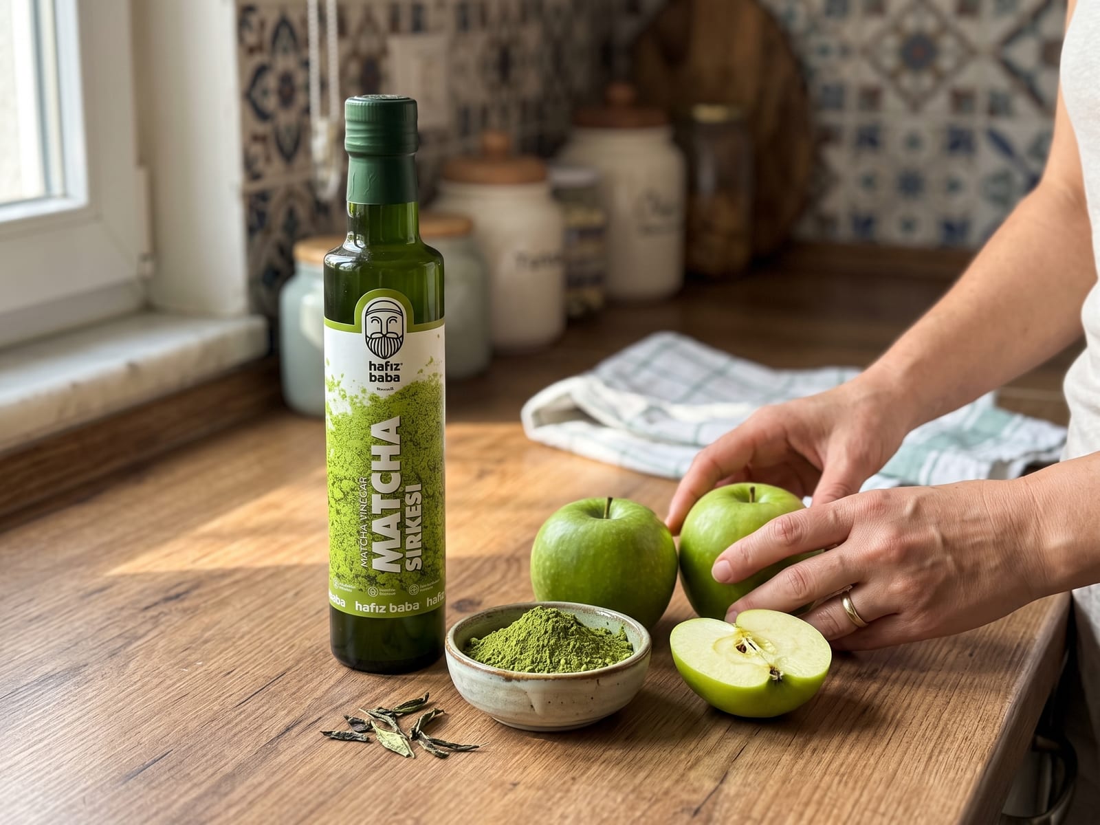 Ahşap tezgahta Hafızbaba Matcha Sirkesi şişesi, kasede yeşil matcha tozu ve taze yeşil elmalar.