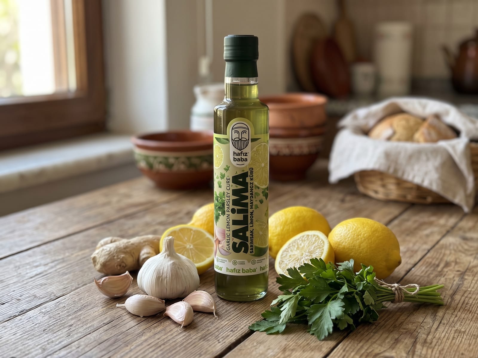Ahşap masada Hafızbaba Salima şişesi ile taze limon, sarımsak ve maydanoz