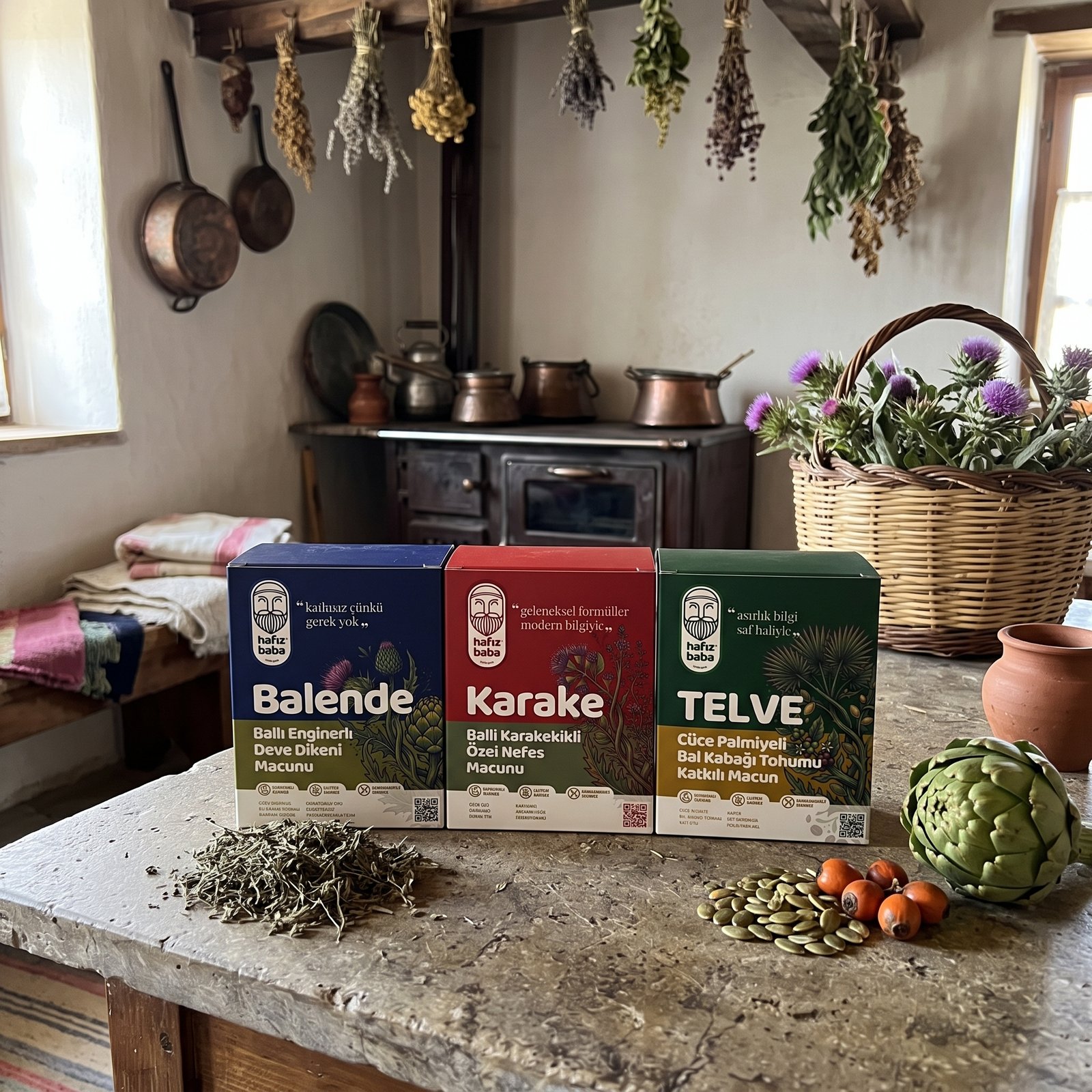 Köy mutfağı tezgahında Hafızbaba Balende, Karake ve Telve bitkisel macun kutuları, enginar ve tohumlar.