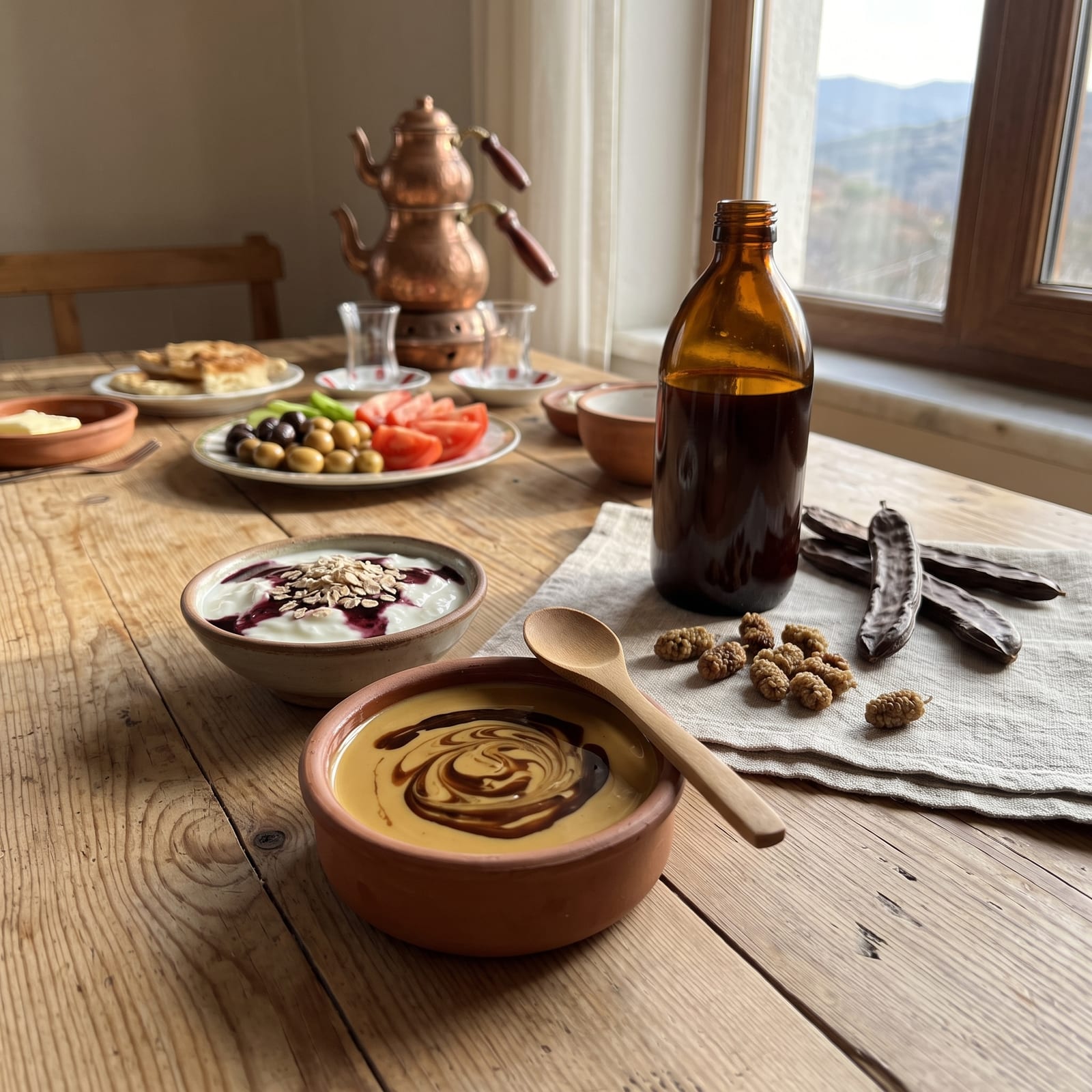 Kahvaltı masasında keçiboynuzu meyveleri, cam şişede öz, tahinli kase ve yoğurtlu yulaf kasesi.